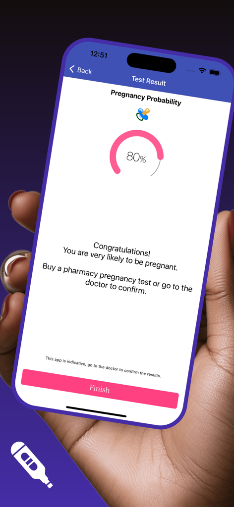 A mobile app screen showing an 80 percent pregnancy probability result