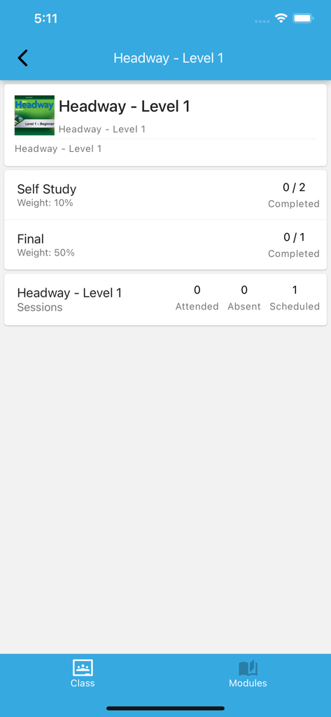 TeachCast - TeachCast-App-Bildschirm, der den Kursfortschritt und die Sitzungsplanung für Headway Level 1 anzeigt