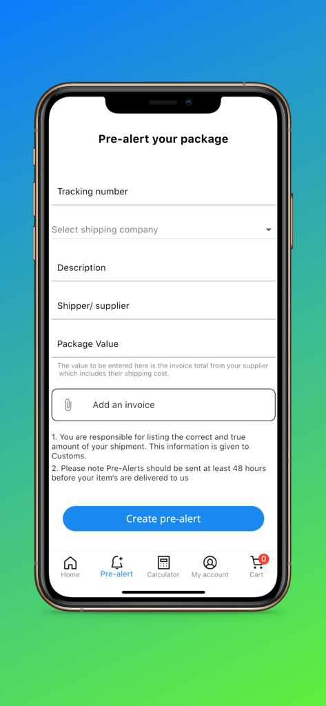 RPM Express Couriers - Interface of RPM Express Couriers app showing the pre-alert package form with fields for tracking number and shipping details