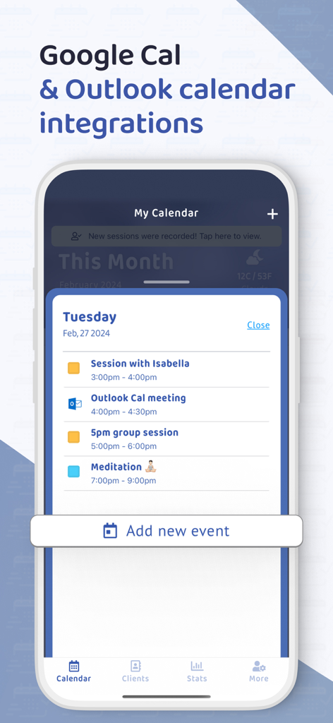 Session Tracker mobile app interface showing integrated Google and Outlook calendar events with a list of daily client sessions and meetings