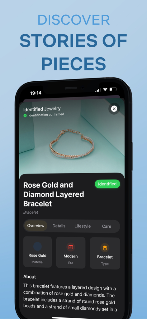 Jewelry Identifier: Appraisal - Tela de smartphone mostrando um relatório de identificação de joias para uma pulseira de ouro rosa com detalhes sobre material e época