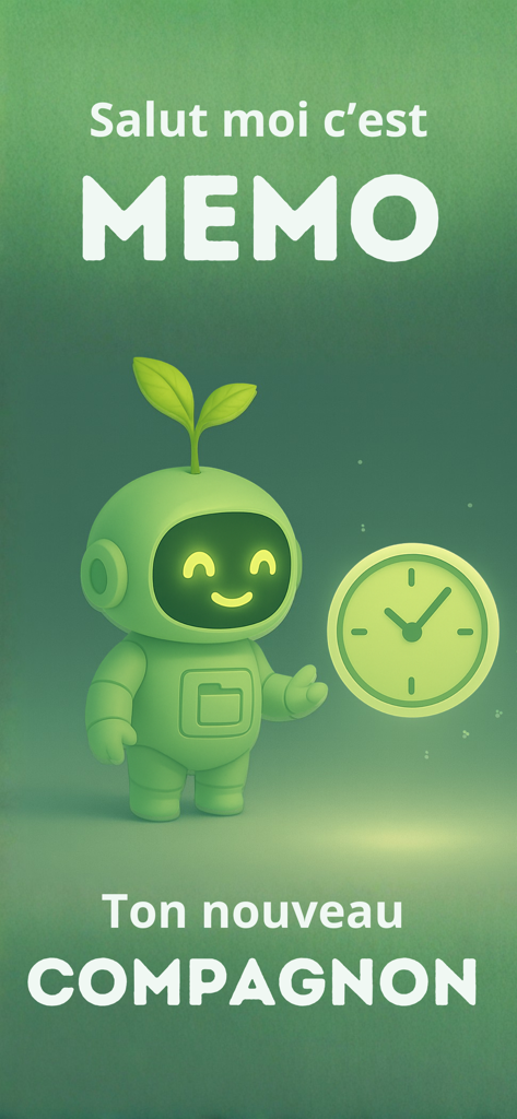 MEMO – Histoires du jour - Introductory screen for the MEMO app featuring a friendly green robot mascot and a clock icon