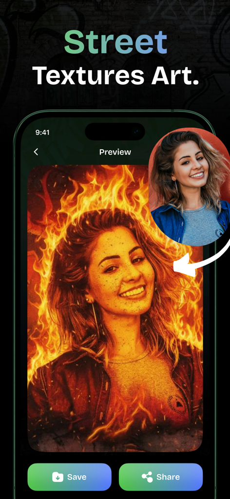 Graffiti AI: Graffiti Text Art - Una interfaz móvil para Graffiti AI mostrando un retrato con un efecto de textura callejera llameante aplicado