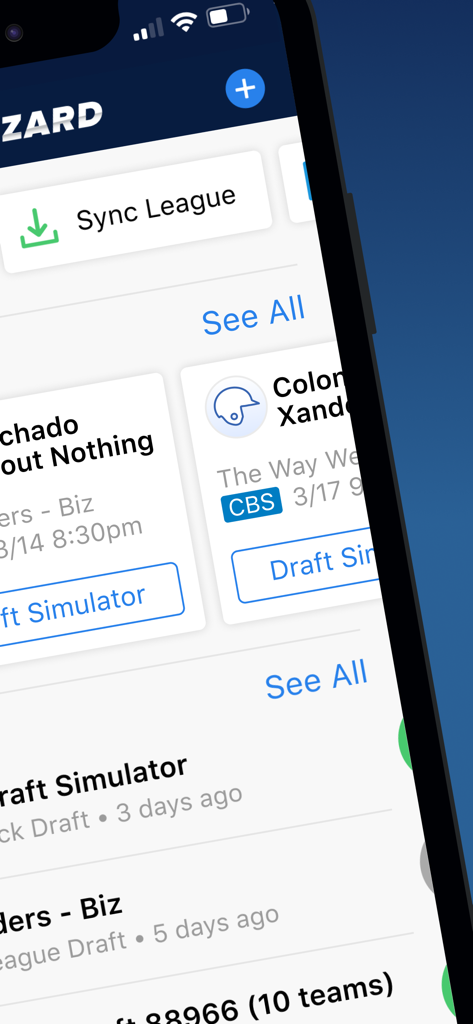 Fantasy Baseball Draft Wizard app screen showing league synchronization and mock draft simulator options