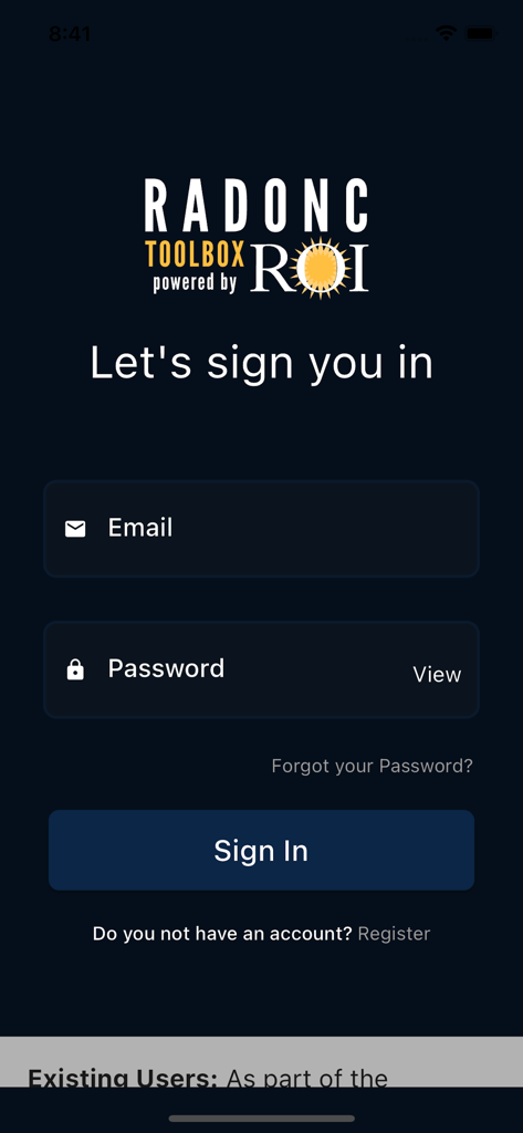 RO Toolbox - Sign in screen for the RO Toolbox radiation oncology app