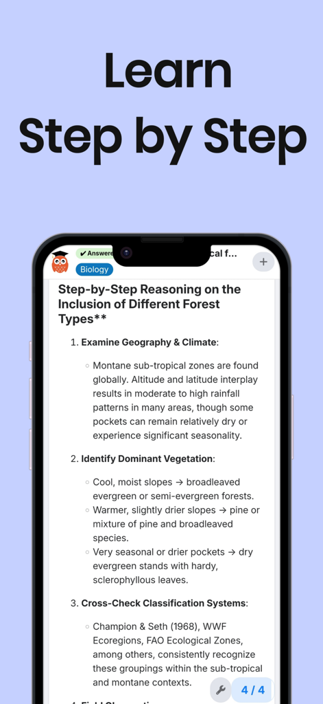 Sorumatik - AI Homework Helper - Smartphone screen showing Sorumatik app with a detailed step by step biology homework explanation