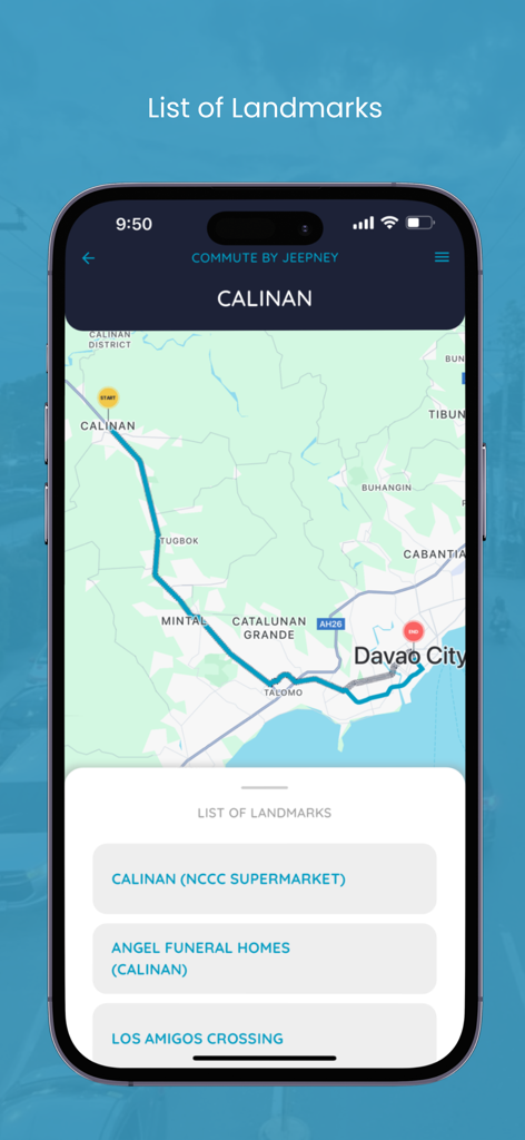 Davao Commuters - iPhone screen showing a jeepney route map from Calinan to Davao City with a list of landmarks