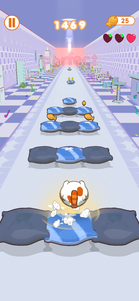 Cats HOP - A cat character jumping on blue musical pillows in a colorful corridor