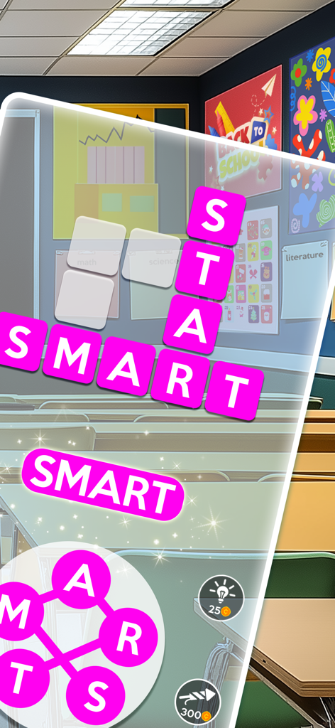 Wordscapes: Word puzzle game - Wordscapes mobile game showing a word puzzle with pink tiles and a classroom background