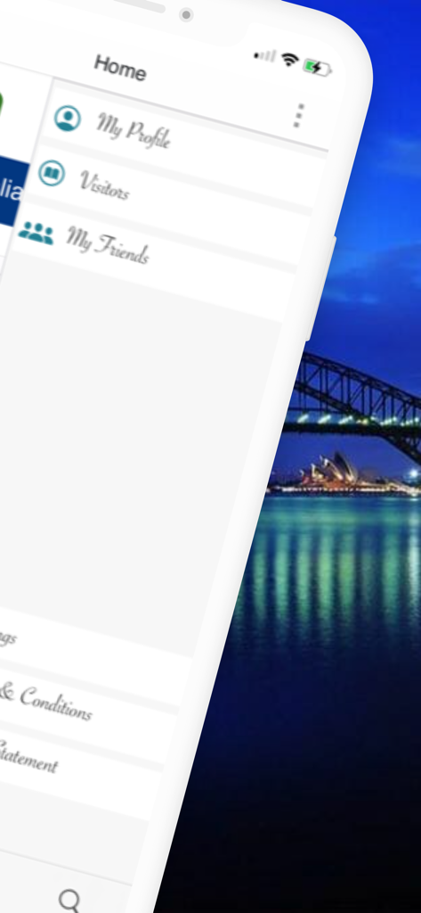 Palsau - Palsau app home screen showing profile and friends menu with Sydney background