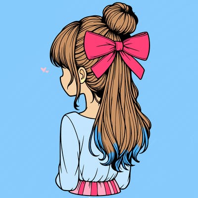 realistic girl  with hip length hair a bun and a big bow on the back of head