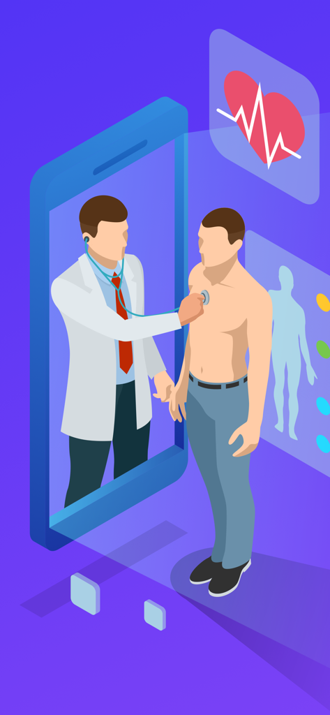 Heart Rate Monitor - Pulse App - Isometric illustration of a doctor measuring a patient's pulse through a smartphone screen