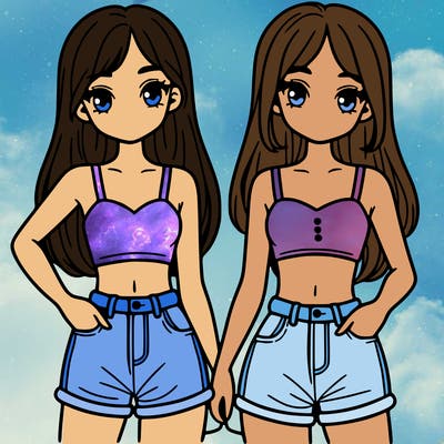 two sisters with crop tops and jean shorts and straight hair