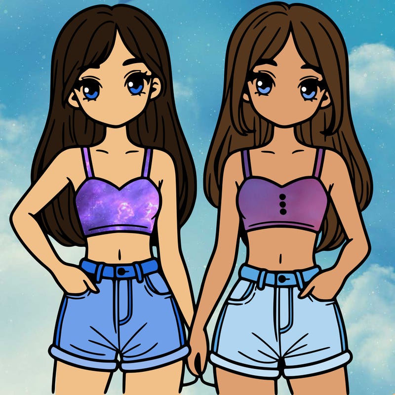 two sisters with crop tops and jean shorts and straight hair
