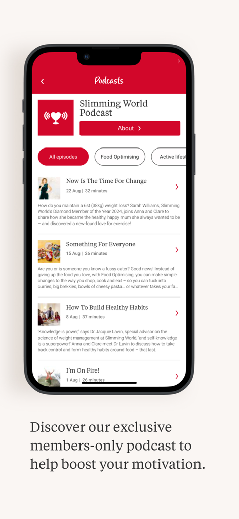 Slimming World - Slimming World mobile app screen displaying a list of motivational weight loss podcasts for members