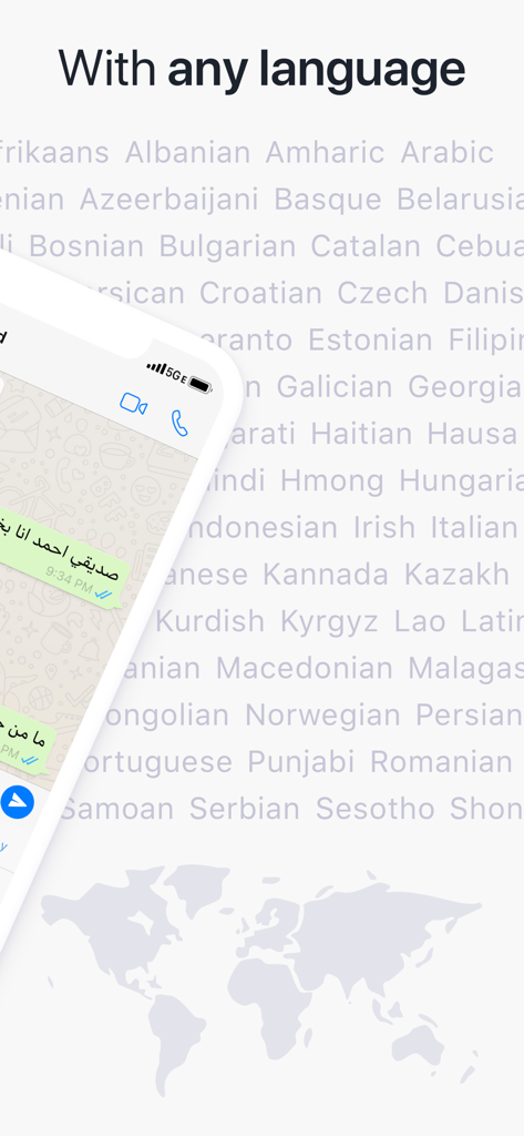 TransKey: Text Translator Chat - TransKey app showing chat interface and a background list of supported global languages
