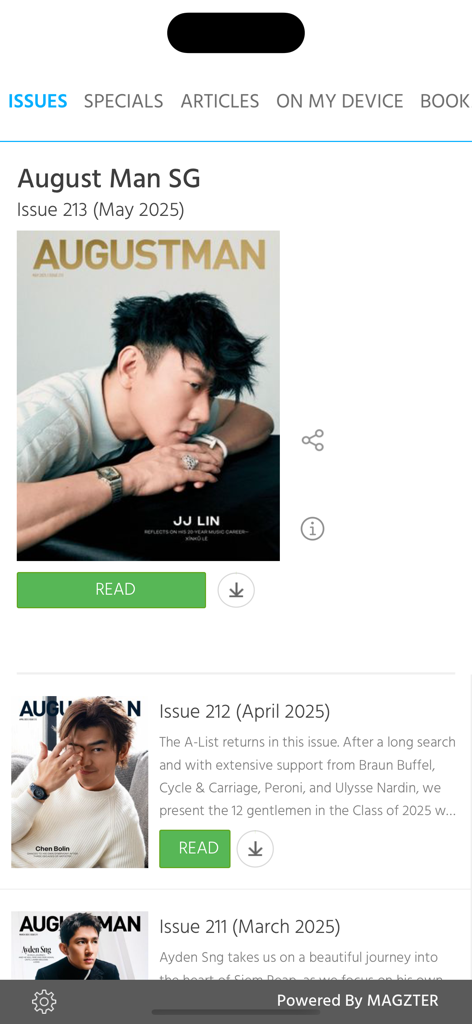 August Man SG - August Man SG 앱 인터페이스가 디지털 잡지 호를 보여줍니다