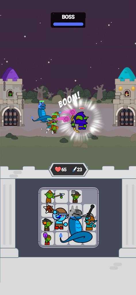 Bag Battle: Units Clash - Gameplay of Bag Battle Units Clash showing a boss fight and organized unit inventory.