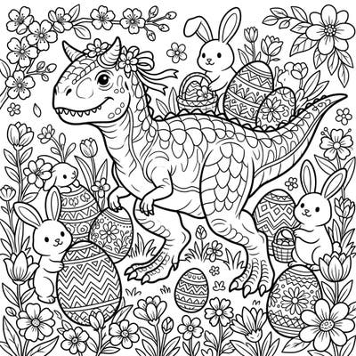 Discover a truly unique Easter celebration with this delightful Carnotaurus coloring page. Join a friendly dinosaur amidst adorable bunnies, beautifully decorated eggs, and blooming spring flowers, ready for your creative touch.