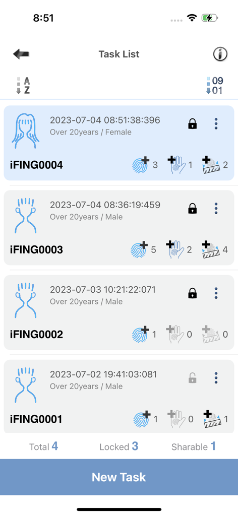 iFING Scanner - Task list screen in the iFING Scanner app showing a history of biometric fingerprint and palmprint scan records