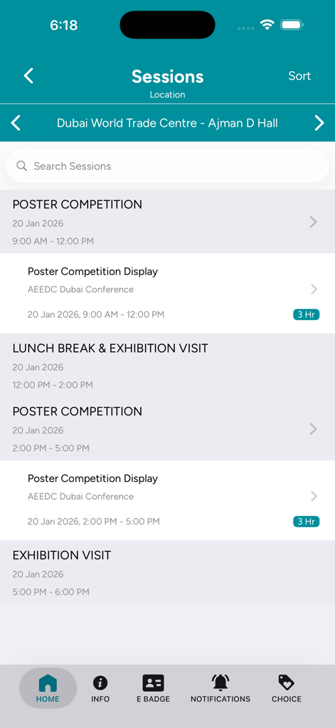 AEEDC 2026 - AEEDC 2026 conference sessions schedule screen showing poster competitions and exhibition visits