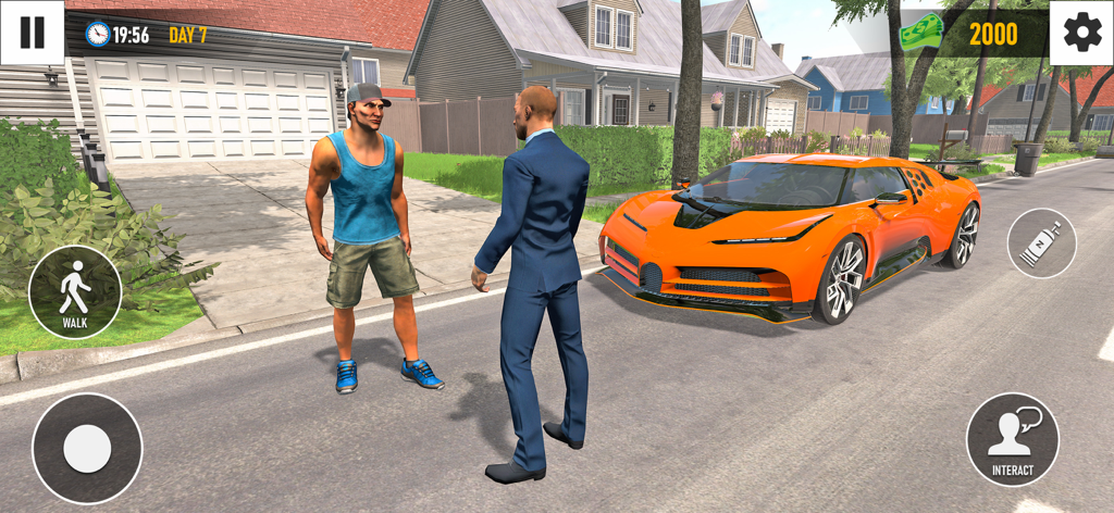 Car Dealership : Company Game - A car dealer in a suit talking to a customer next to an orange luxury sports car on a suburban street