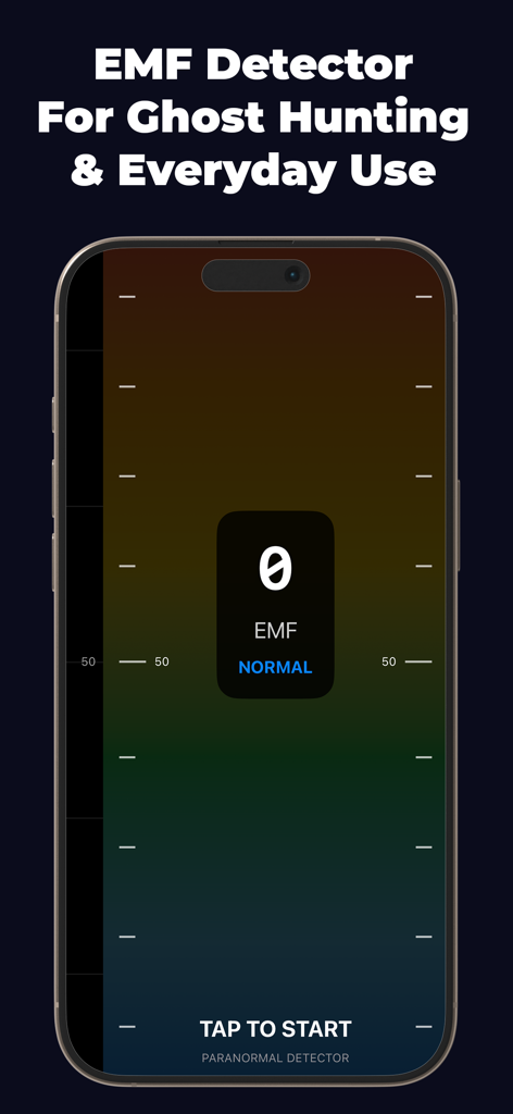 EMF Detector - Ghost Hunting - iPhone screen showing the EMF Detector app with a vertical color-coded gauge and a reading of zero EMF labeled as Normal