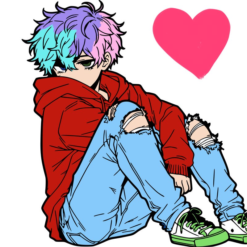 a male hoddie ripped jeans messy hair anime