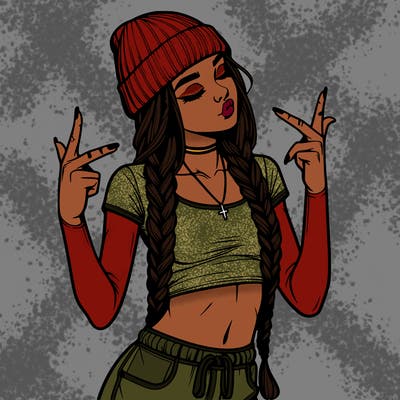 realistic teenage girl with braids and a beanie and crop top doing 🫶🏼