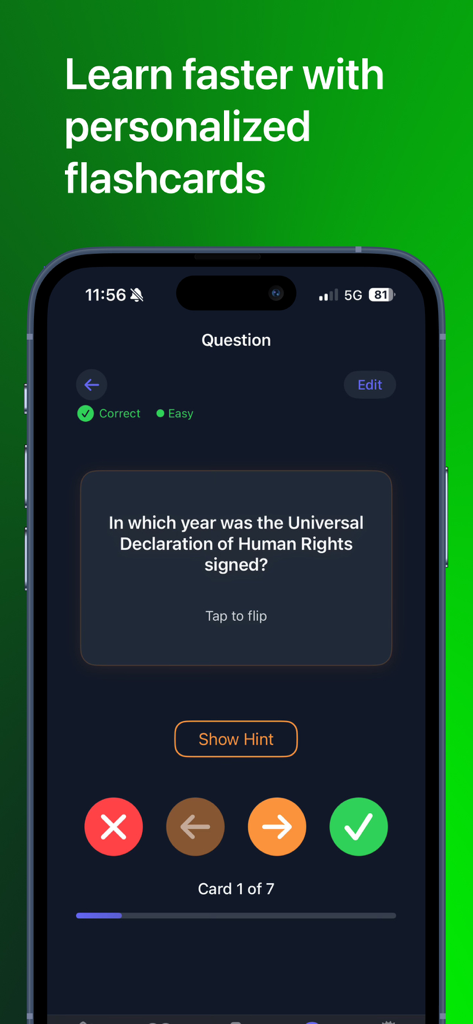 Schermata mobile che mostra flashcard AI personalizzate nell'app StudyOS