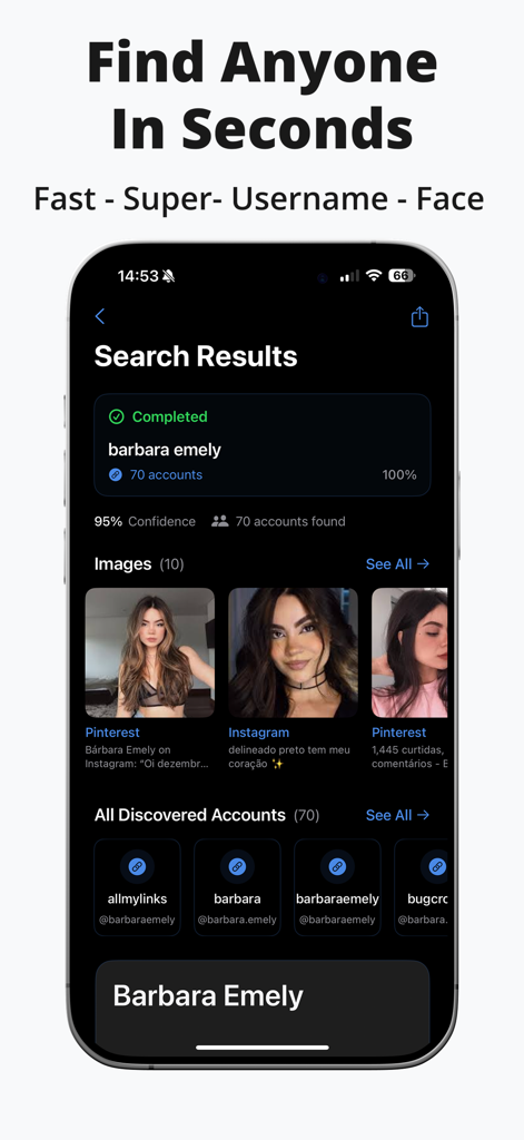 Interface de l'application Deepsearch AI montrant les résultats de recherche sur les réseaux sociaux d'une personne, y compris les photos de profil et les liens de compte