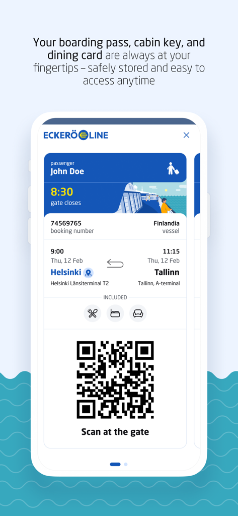 ヘルシンキとタリン間のフェリー旅行用のQRコードが付いたEckerö Lineモバイル搭乗券。