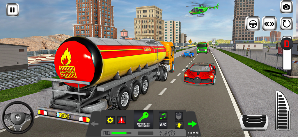 Truck Simulator Driver Games - An oil tanker truck driving through a city in a mobile simulation game