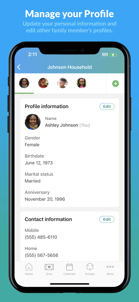 Interface mobile de l'application Church Center montrant un écran de profil utilisateur avec des informations sur le foyer et les coordonnées.