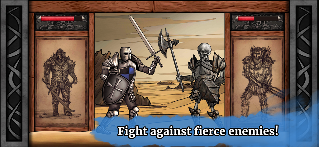 Paladin's Story: Fantasy RPG - Um paladino lutando contra um guerreiro esqueleto em uma paisagem desértica com um texto dizendo lute contra inimigos ferozes.