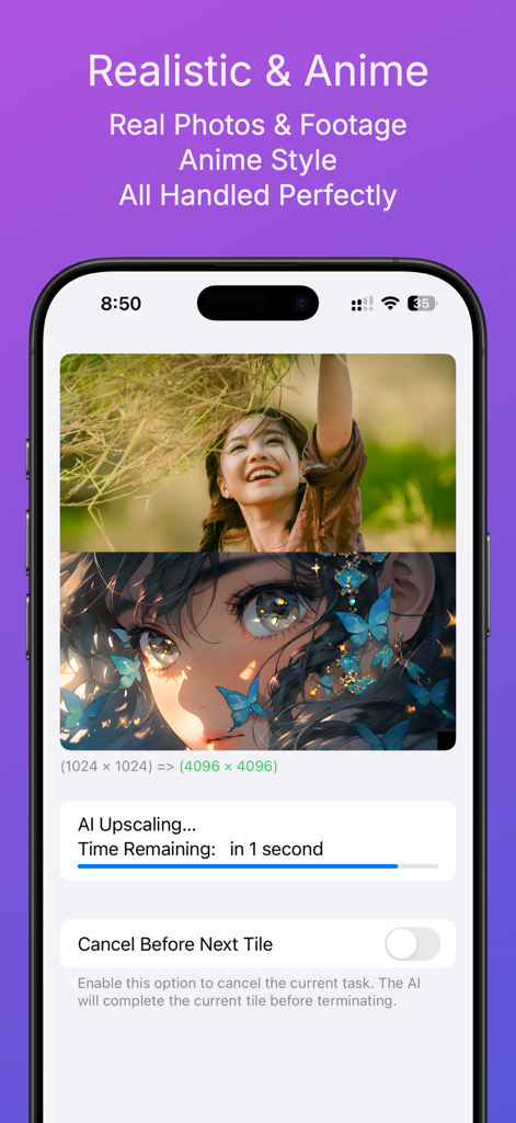 TrueSharp - Oberfläche der TrueSharp-App, die die KI-Hochskalierung von realistischen und Anime-Bildern mit einer Fortschrittsanzeige demonstriert