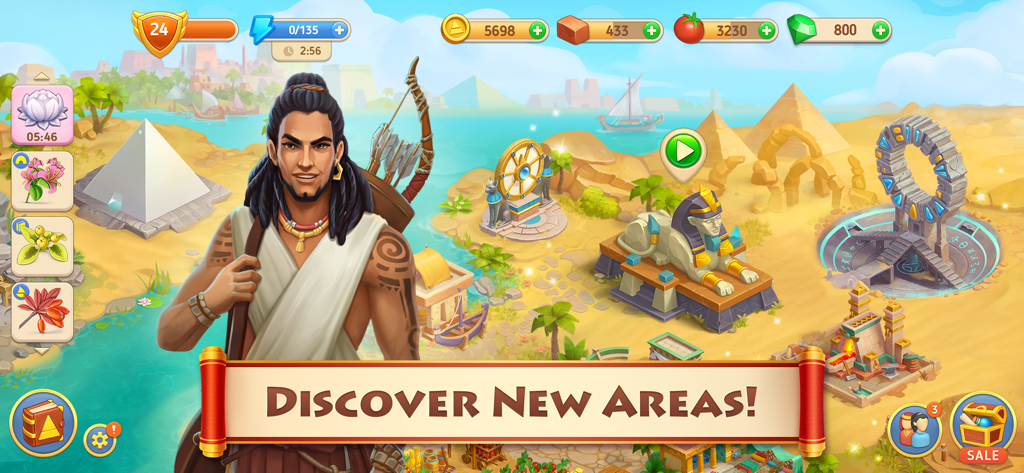 A male character in front of an ancient Egyptian city with the text Discover New Areas