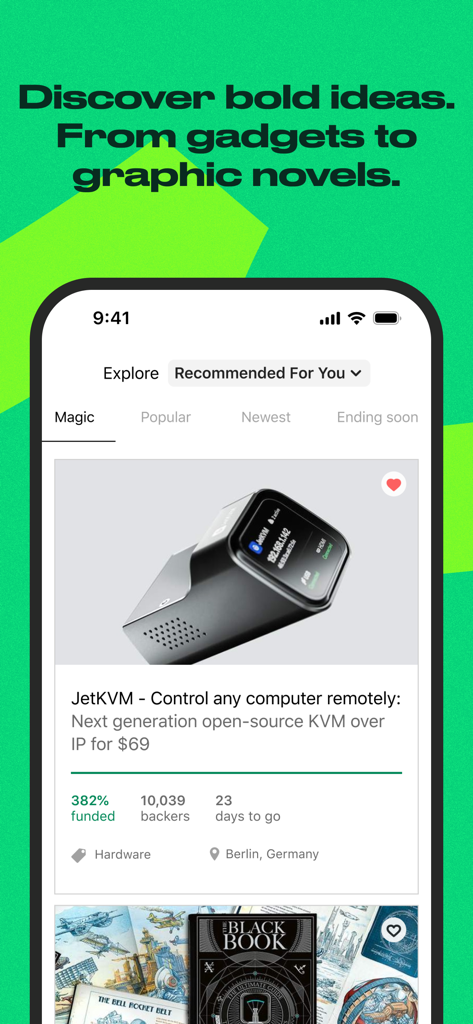 The Kickstarter app explore page displaying a featured hardware project with funding details and backer count
