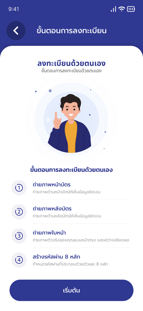 ThaID-App-Oberfläche, die die vier Schritte zur Selbstregistrierung zeigt, einschließlich Identitätsprüfung und PIN-Erstellung