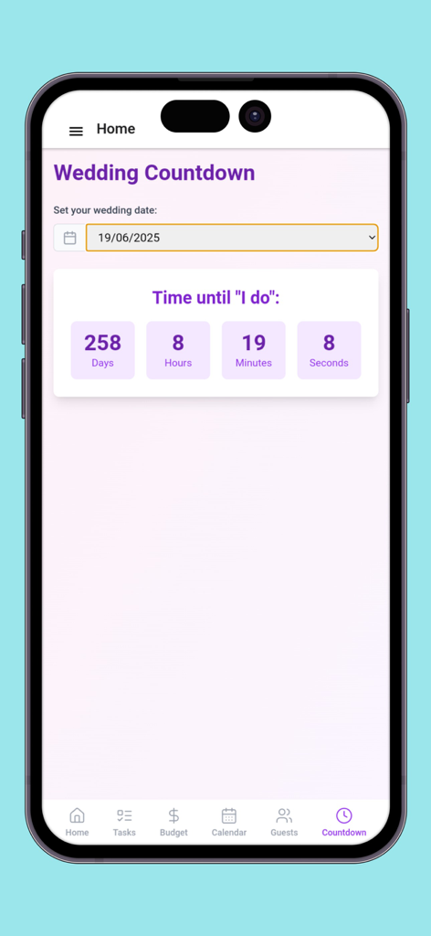 A mobile app screen showing a wedding countdown timer with remaining days hours and minutes