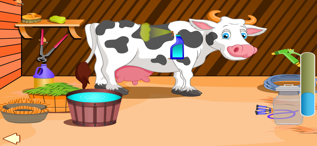 Help cow - Cartoon cow being sprayed with cleaning solution in a stable care game