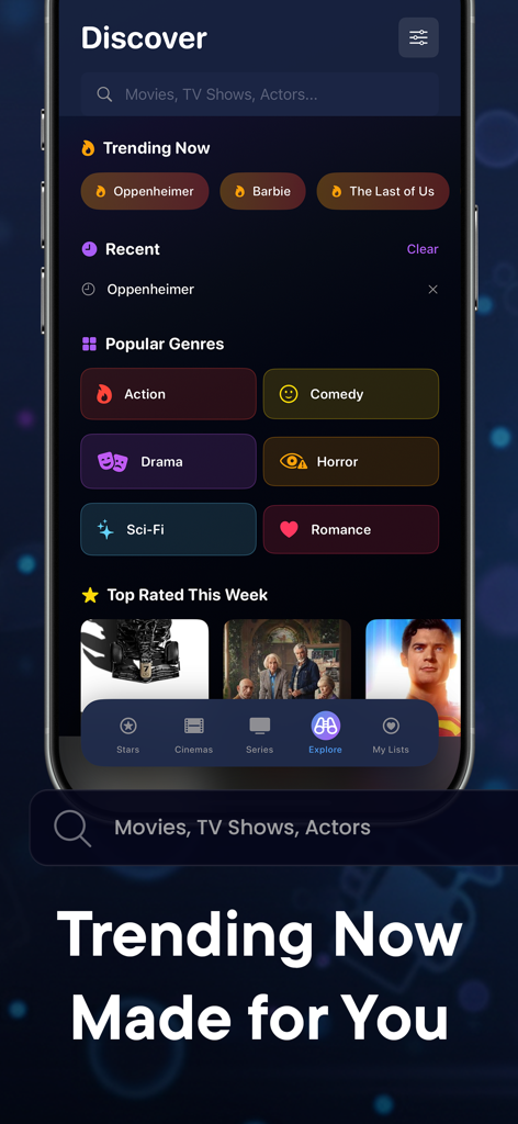 Gamebox: Movies,Tv & Actors - Gamebox app discovery screen featuring trending movies popular genres and top rated titles