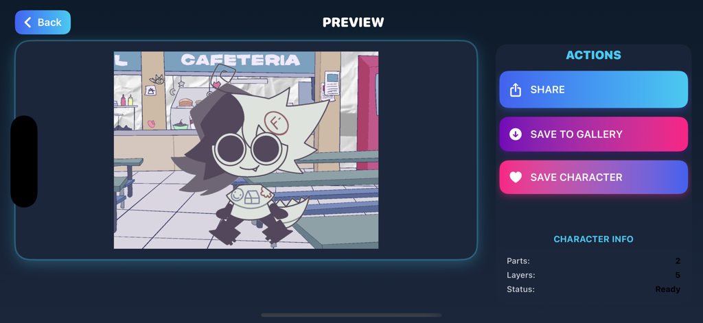 FPE OC maker - fpe game - A preview of a custom character in the FPE OC Maker app with options to share and save.