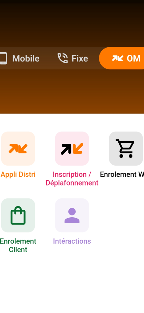 Menú de servicios empresariales de la aplicación Kaabu Orange Senegal que muestra iconos para inscripción de clientes y servicios financieros.