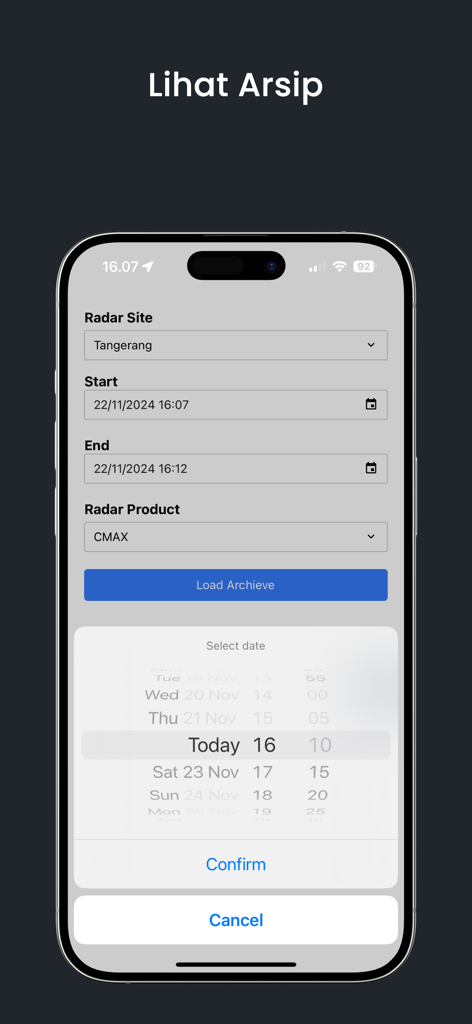 Sidarma Mobile - Interface of Sidarma Mobile app showing radar archive settings including location and date selection