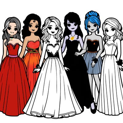 group of teenage girls in prom dresses