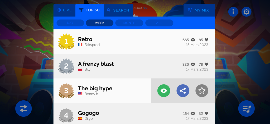 Top-50-Bestenliste der Incredibox-App mit Musik-Mixen aus der Community, Aufrufzahlen und Likes