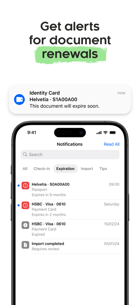 Folio: Digital Wallet App - Screenshot dell'interfaccia dell'app Folio che mostra notifiche push e un elenco di avvisi per i prossimi rinnovi di documenti e scadenze di carte.