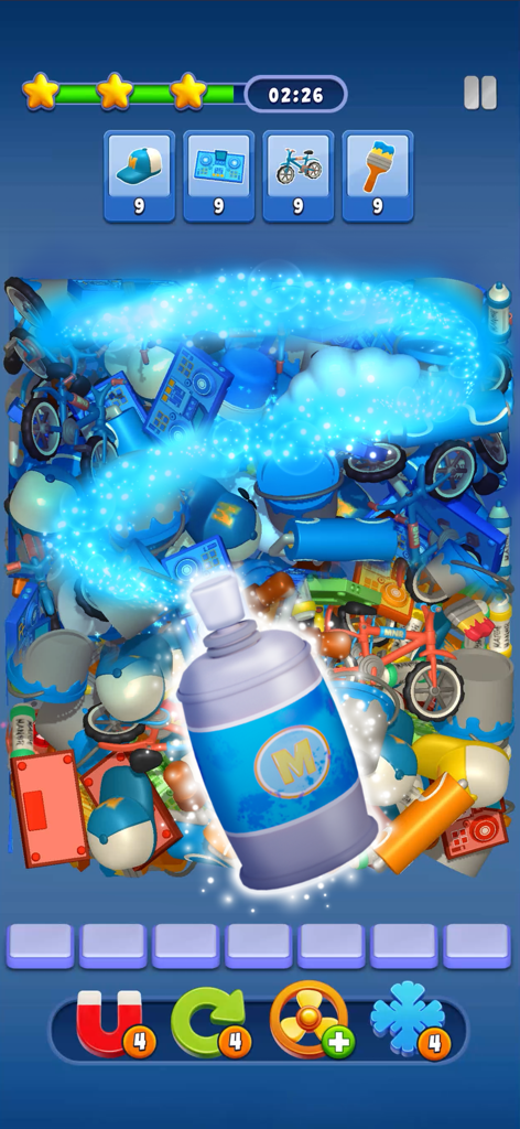 Match Manor - A 3D triple match puzzle level in Match Manor using a color spray booster to turn objects blue.