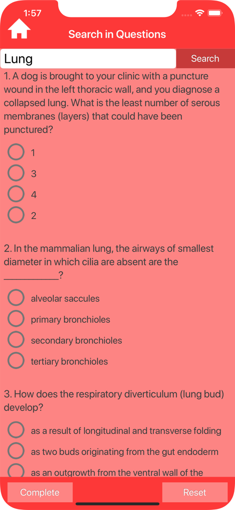 Veterinary Anatomy Quizzes - Suchergebnisse-Bildschirm in der Veterinäranatomie-Quiz-App, der Multiple-Choice-Fragen zur Lunge zeigt.